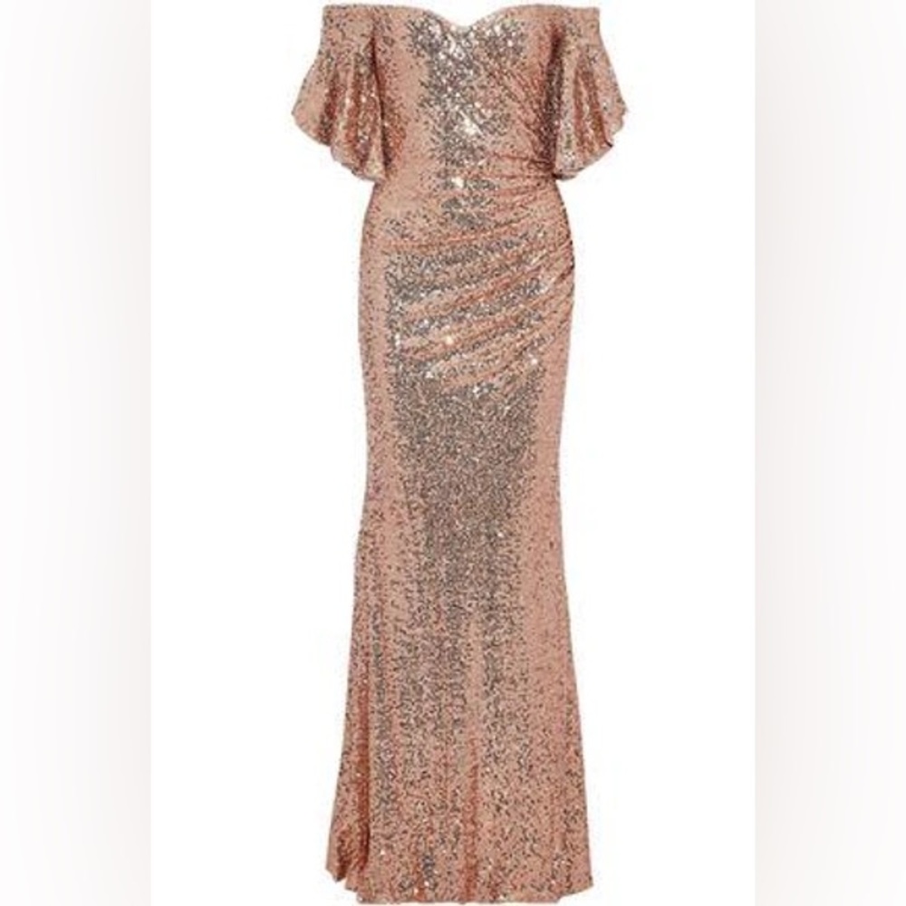 Badgley Mischka Rose Gold Sequin Off the Shoulder Evening Gown
